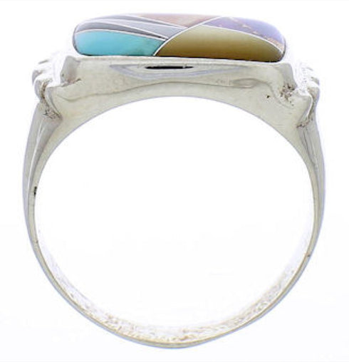 Silver Turquoise Multicolor Southwest Inlay Ring Size 8-3/4 JX38089